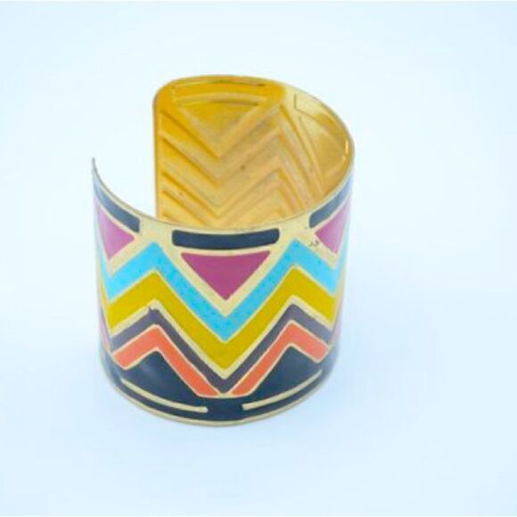 Enamel Cuff Bracelet With Colorful Chevron Design. - Picture 1 of 5